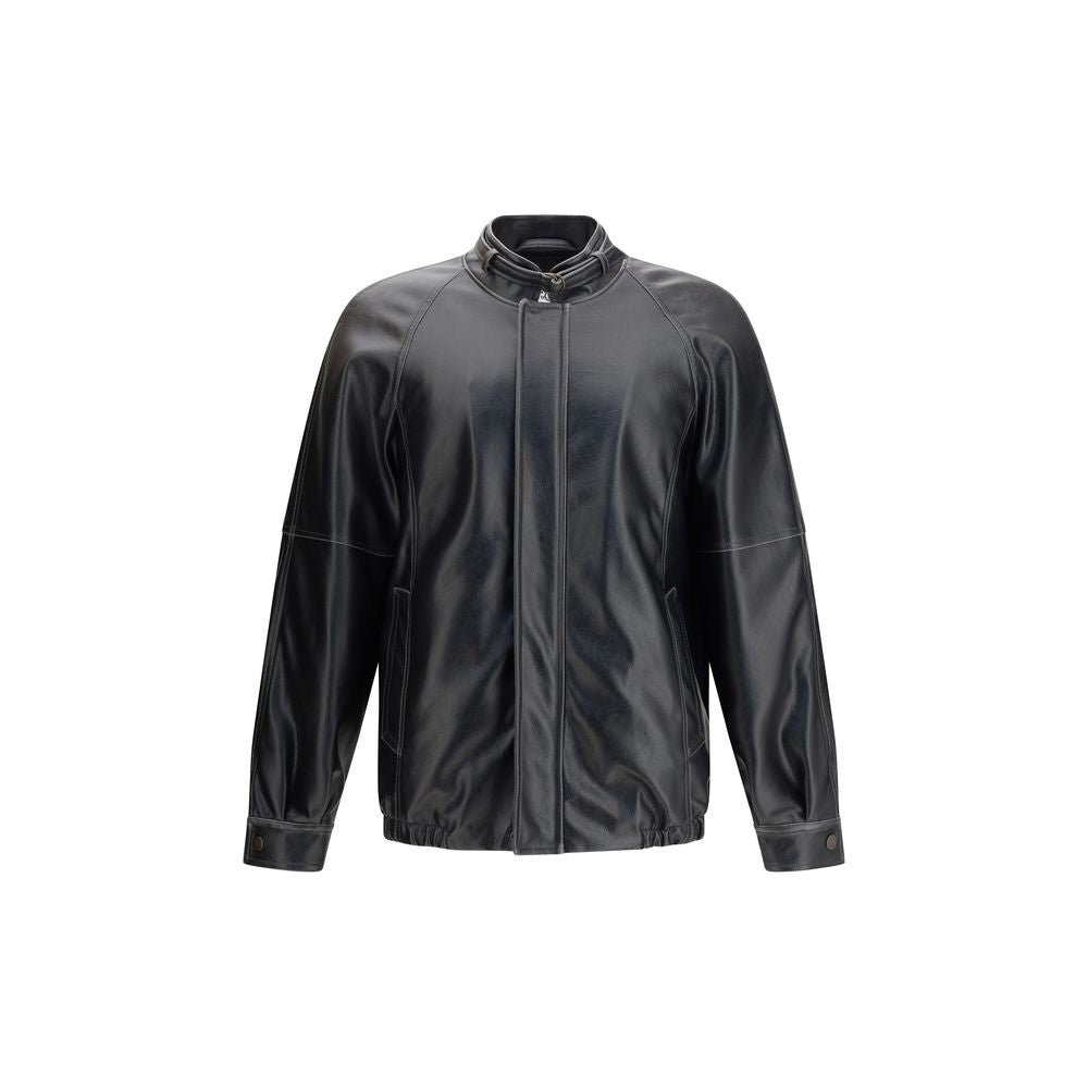 MM6 Black Polyester Bomber jacket with stand collar, elasticated hem and cuffs, and tone-on-tone stitching for modern aviator style.