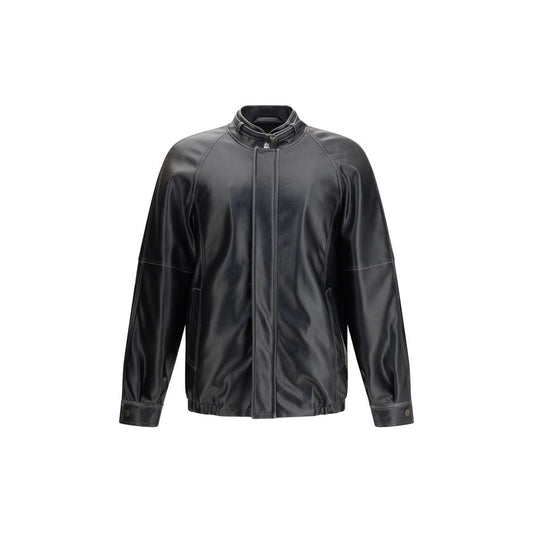 MM6 Black Polyester Bomber jacket with stand collar, elasticated hem and cuffs, and tone-on-tone stitching for modern aviator style.