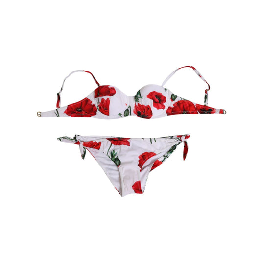 Dolce & Gabbana White Floral Swimsuit 2 Piece Top Bottom Swimwear with red floral prints, underwire padded design, elegant beachwear style.