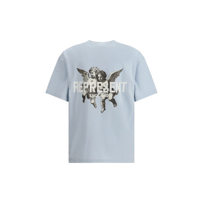 Represent Light Blue Cotton T-Shirt featuring cherub graphics on back, oversized fit, ribbed collar, and twin-needle hem for style and durability.