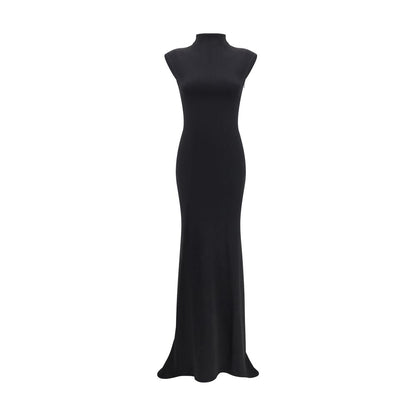 Jacquemus Black Viscose Cocktail Dress with high neckline, cap sleeves, and ruched back detailing, perfect for formal occasions.