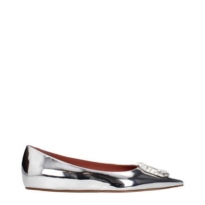 Amina Muaddi Gray Leather Ballet Flats with pointy toe and rhinestone front detail in silver.