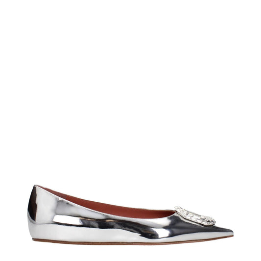 Amina Muaddi Gray Leather Ballet Flats with pointy toe and rhinestone front detail in silver.
