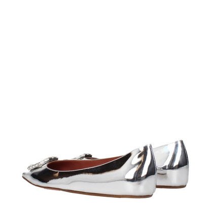 Amina Muaddi Gray Leather Ballet Flats with rhinestone front detail and pointy toe in silver leather, MPN CAMELIAFLATMIRRORSILVER.