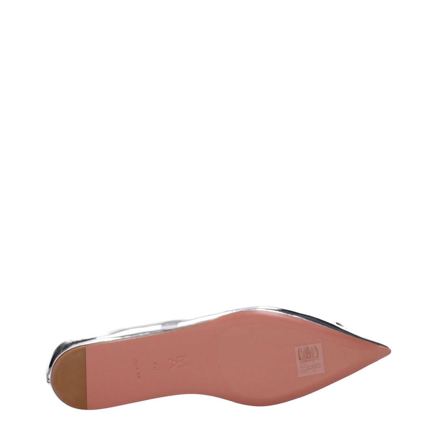 Amina Muaddi Gray Leather Ballet Flats showing leather sole with pointy toe and rhinestone front detail, low flat heel, MPN CAMELIAFLATMIRRORSILVER.