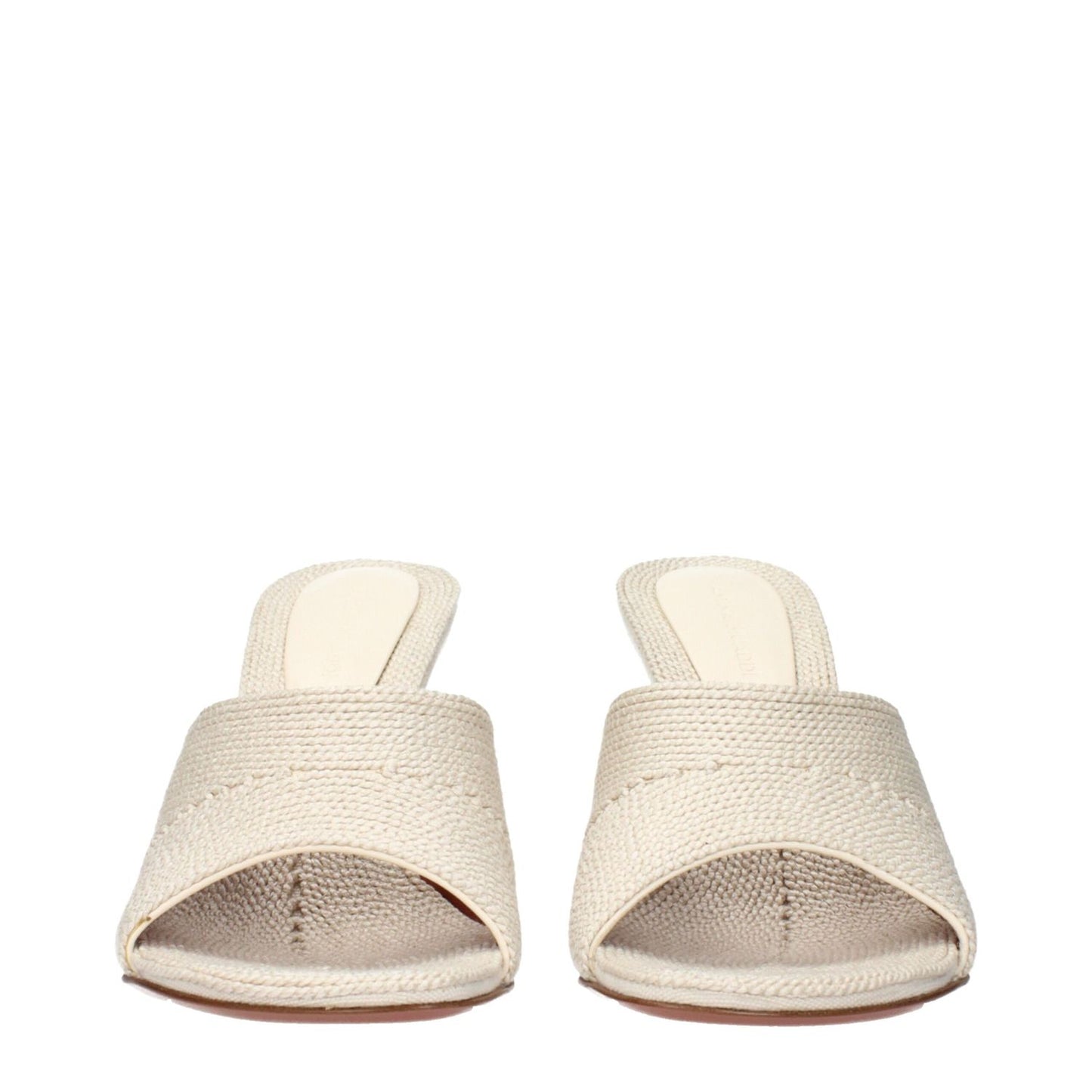 Amina Muaddi Beige Fabric Slippers front view showcasing woven texture in beige, elegant design, and open-toe style.