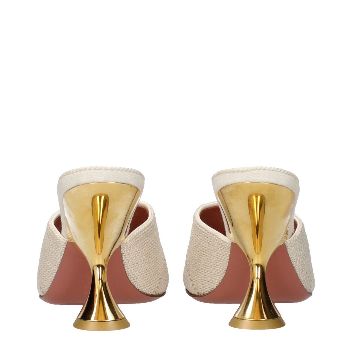Amina Muaddi Beige Fabric Slippers with gold cone heels, MPN TAYLORWOVENSLIPPERWOVENBEIGE, code F84592, rear view of designer sandals.