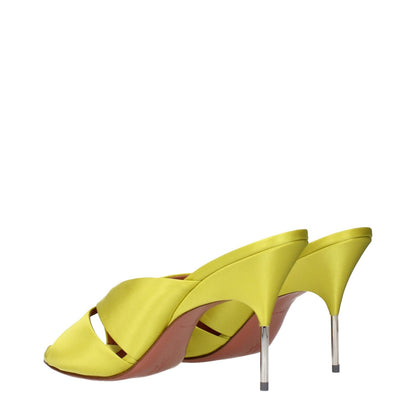 Alt Tag: Amina Muaddi Green Satin Stiletto Heel Sandals with unique slanted stiletto design, view from the back showcasing vibrant lime color.