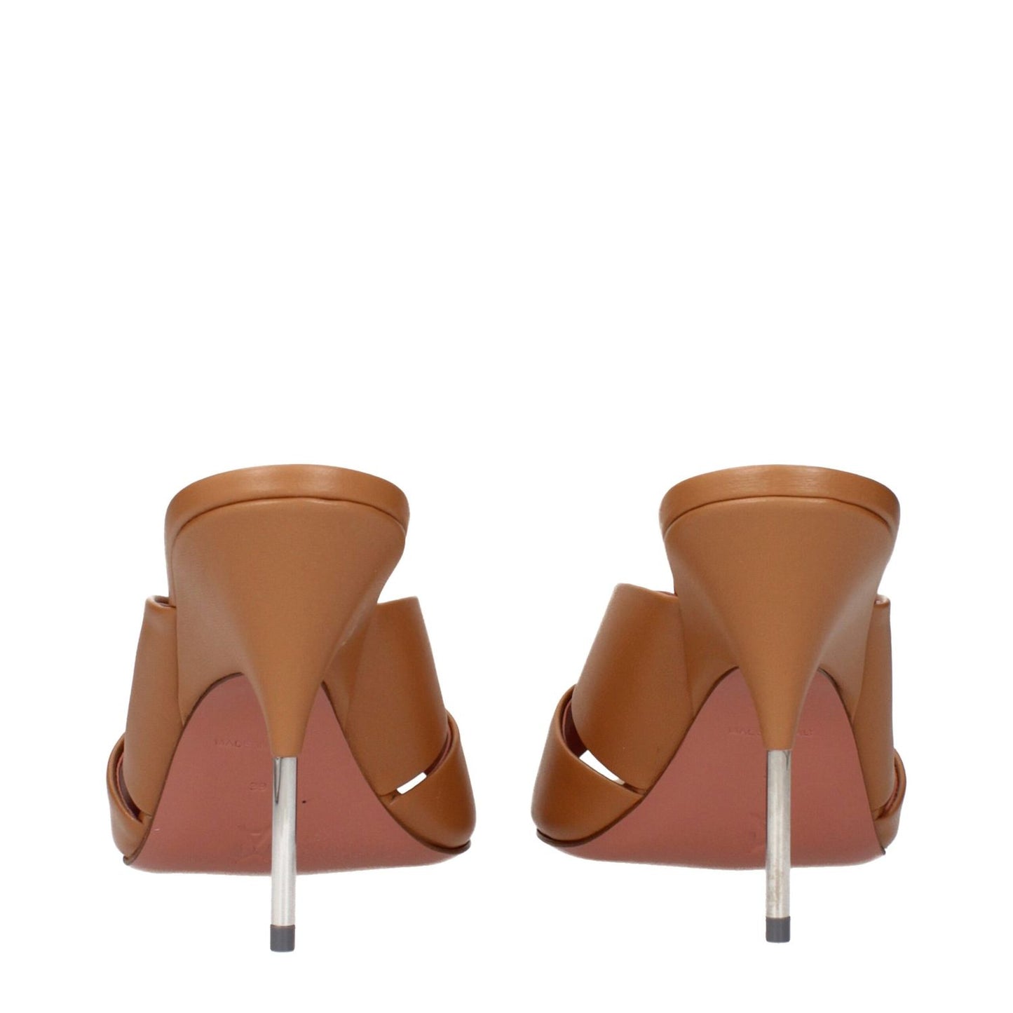 Rear view of Amina Muaddi Brown Leather Stiletto Heel Sandals with silver heel detail.