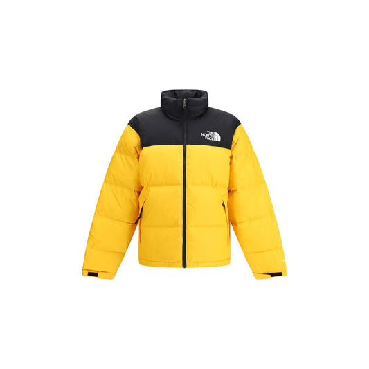 The North Face Yellow Polyamide Shell Jacket with high collar and removable hood, quilted with contrasting black and yellow design.