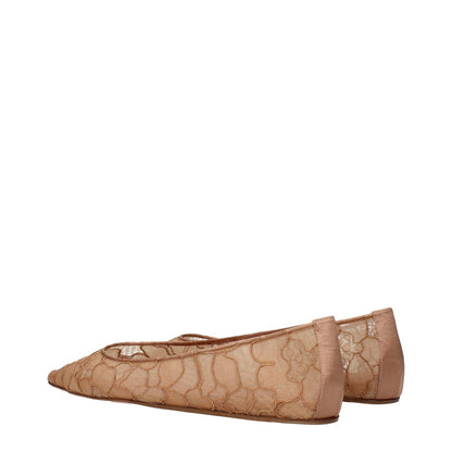 Amina Muaddi Beige Fabric Ballet Flats with lace detailing and varied embellishments, featuring stylish design in beige.
