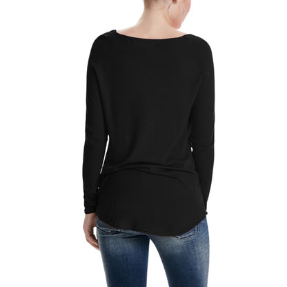 Model wearing Only Black Viscose Sweatshirt, showcasing long sleeves and asymmetric cut from the back view.