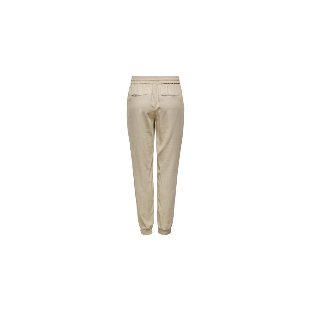 Back view of Only Beige Viscose Casual Pants for women with elastic cuffs, made from 92% viscose and 8% polyester for comfort and style.