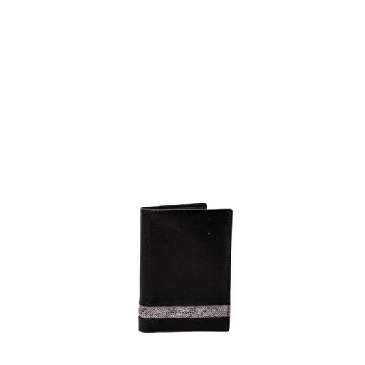 Alviero Martini Prima Classe Black Leather Wallet with Geo Classic band, premium leather men’s accessory without coin pocket, sleek design.