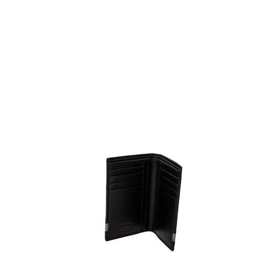 Alviero Martini Prima Classe Black Leather Wallet with Geo Classic band, showcasing interior with card slots, sleek and practical design.