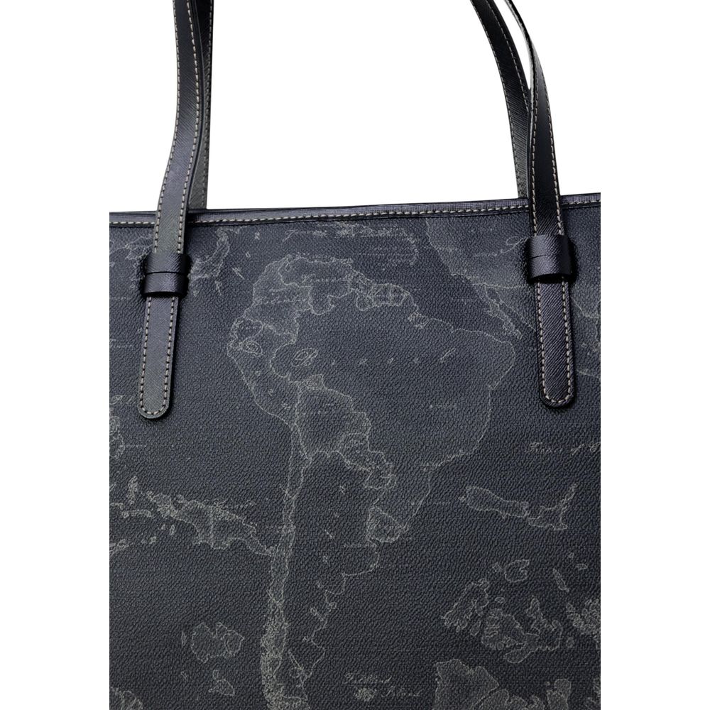 Alviero Martini Prima Classe Black Polyester Handbag with geographic pattern and leather straps, elegant and durable design.