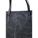 Alviero Martini Prima Classe Black Polyester Handbag with geographic pattern and leather straps, elegant and durable design.