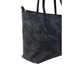 Alviero Martini Prima Classe Black Polyester Handbag with iconic geographic pattern, featuring durable polyester and leather design.