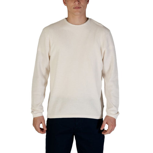 Jack Jones White Cotton Sweatshirt with crew neck and fine knit texture for men, made from recycled materials, versatile for any occasion.