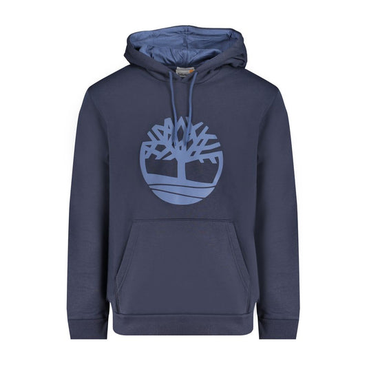 Timberland Blue Cotton Men Sweater with logo print, long sleeves, and hood.
