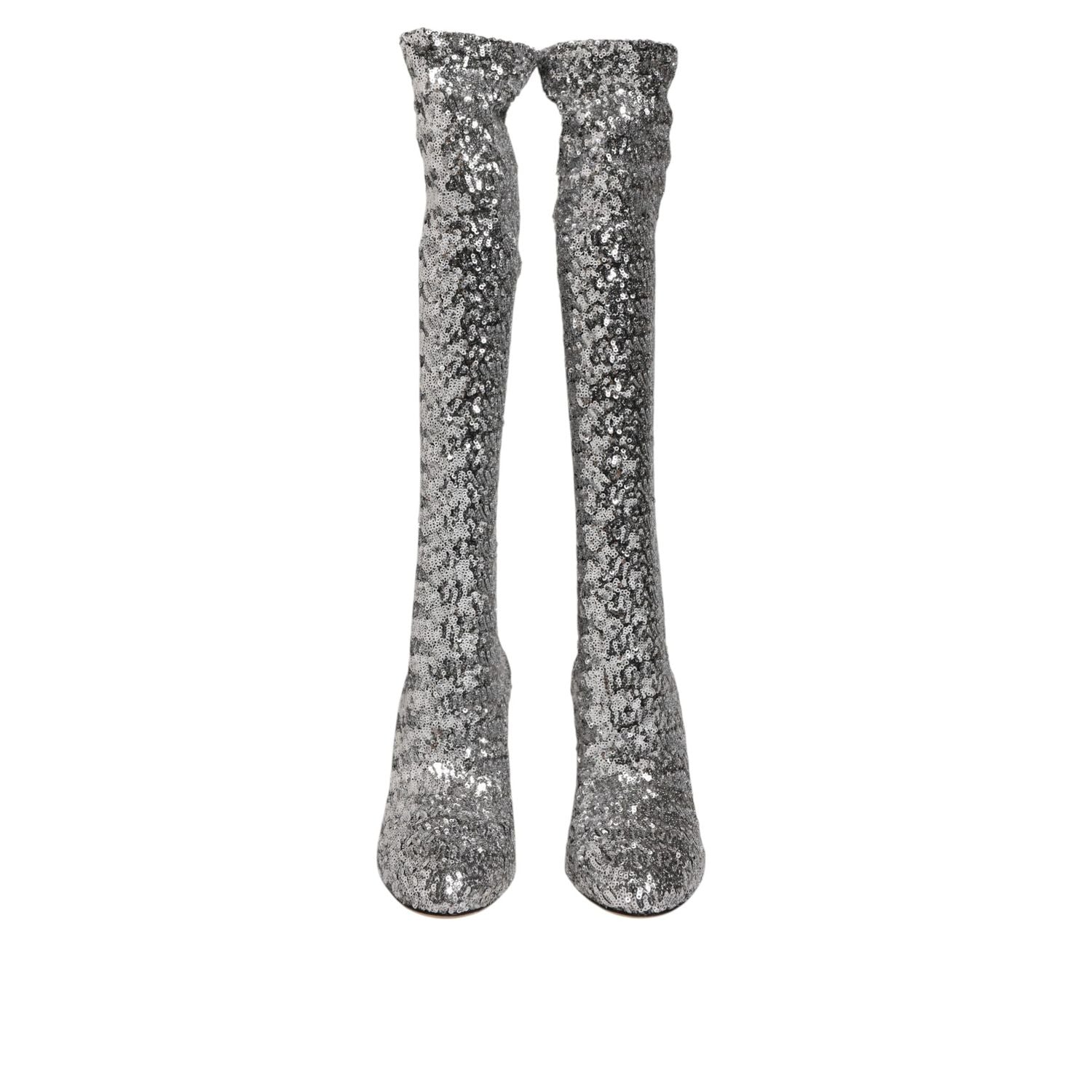 Dolce & Gabbana Silver Sequins Glitter High Heel Boot Shoes