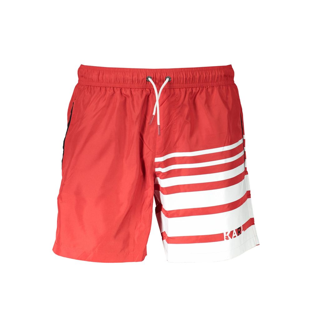 Karl Lagerfeld Red Polyester Swimwear, medium swim boxer with pockets, lace-up, logo print, ideal for stylish beach days.