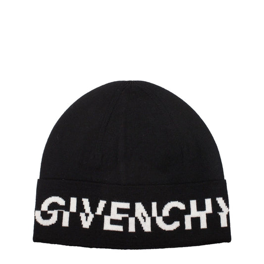 Givenchy Black Wool Beanie with white logo detailing, made from 100% wool, shown in a casual style.