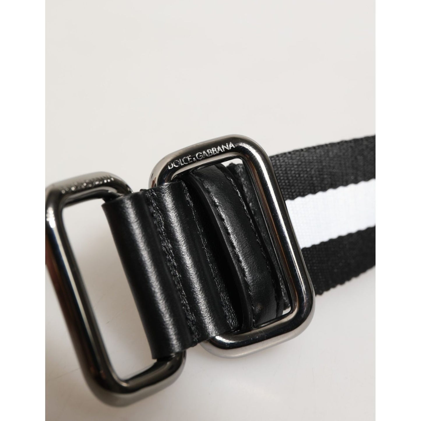Dolce & Gabbana Black White Striped Logo Metal Buckle Belt