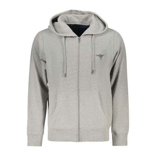 Accademia Militare Gray Cotton Men Hoodie with zip and logo embroidery, made from recycled cotton and polyester. Eco-friendly fashion choice.