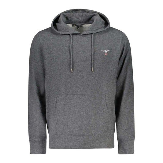 Accademia Militare Gray Recycled Cotton Men Sweater with hood and emblematic embroidery, featuring a central pocket for utility.