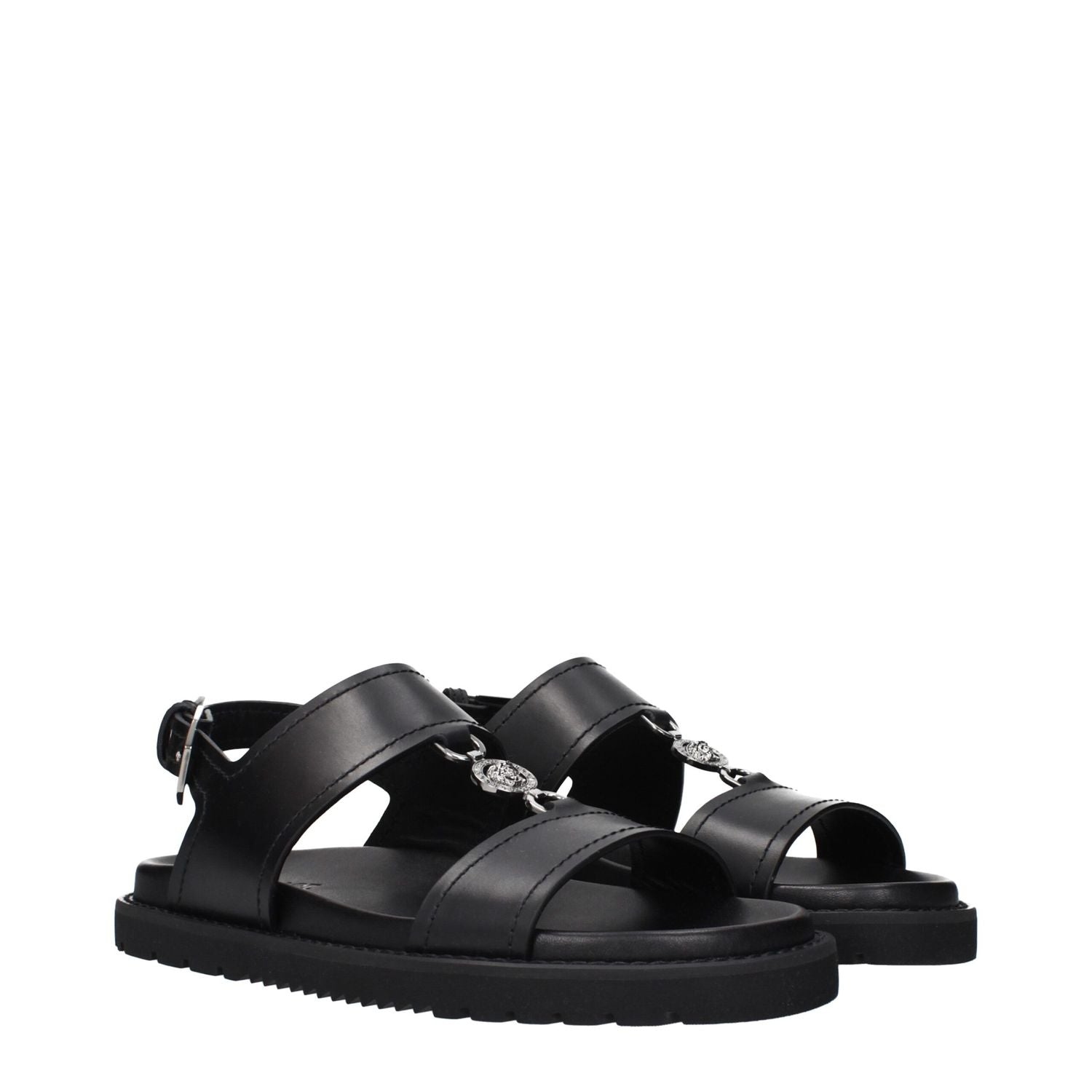 Versace Black Leather Flat Sandals