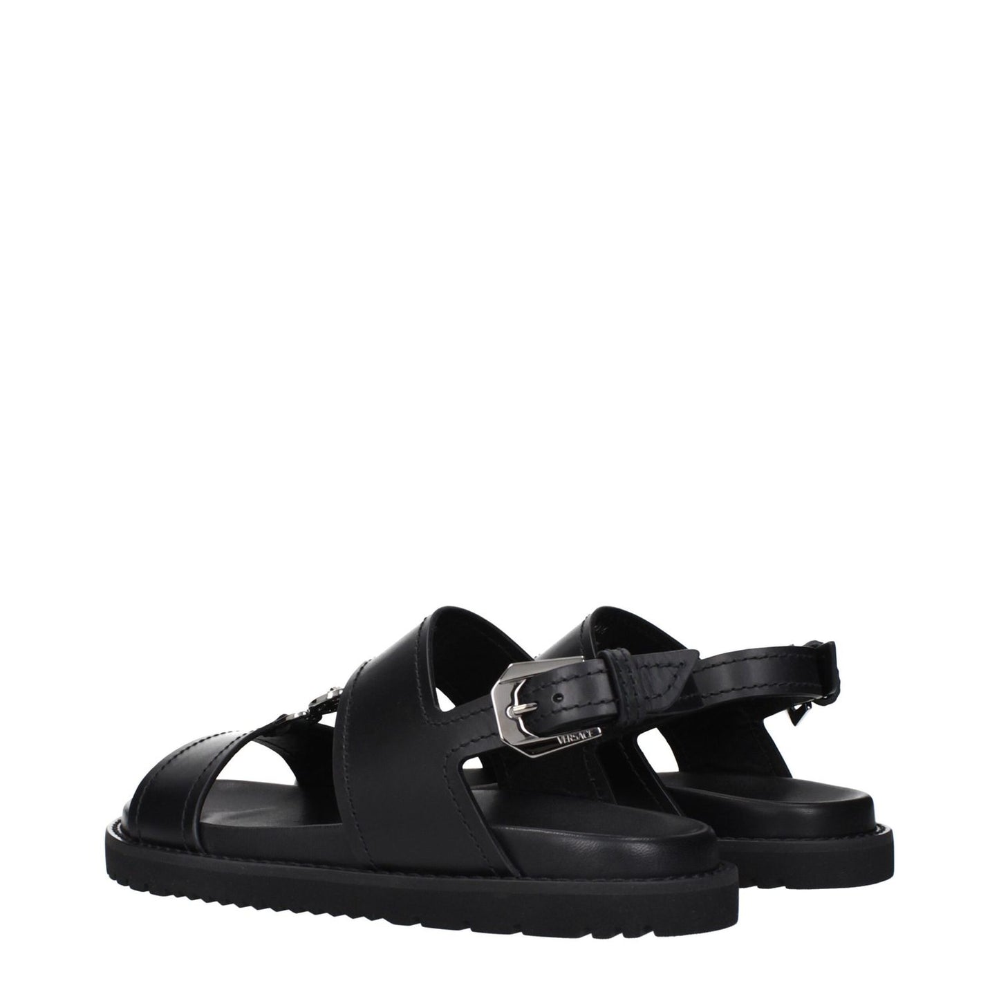 Versace Black Leather Flat Sandals