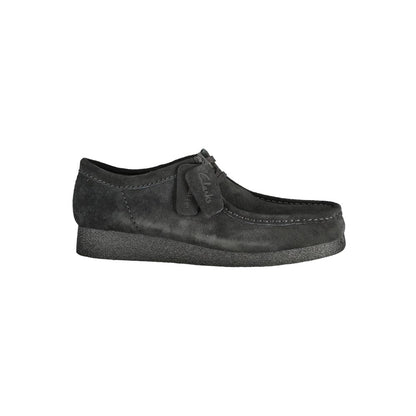 Clarks Black Leather Men Sneaker in black suede finish with Clarks logo, showcasing stylish design and comfort for streetwear fashion.