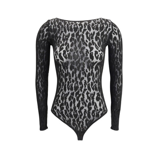 Wolford Black Polyamide Top featuring bold animal print and sheer-opaque texture, crafted with circular knitting for a sleek silhouette.