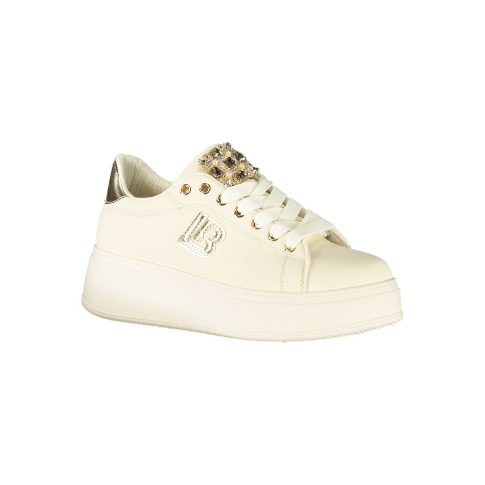 Laura Biagiotti Beige Polyester Women Sneaker with rhinestone accents, featuring a 5 cm platform for a stylish and comfortable fit.