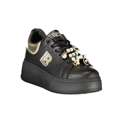 Laura Biagiotti Black Polyester Women Sneaker with platform and iconic applique for fashion-forward style in urban adventures.