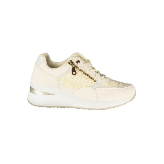 Laura Biagiotti White Polyester Women Sneaker with side zip and beige accents on 5 cm platform, showcasing brand logo and sporty elegance.