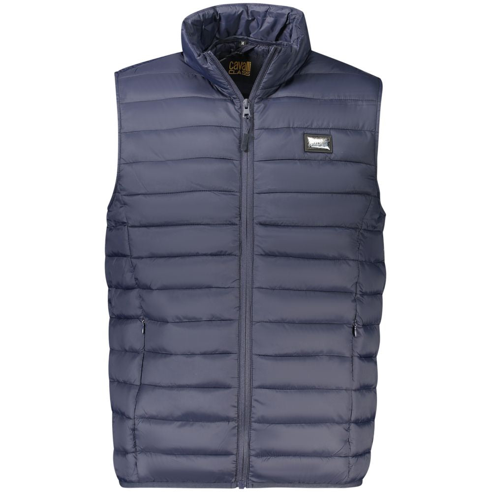 Cavalli Class Blue Polyester Men Jacket with sleeveless design and logo, perfect for layering and transitional weather fashion.