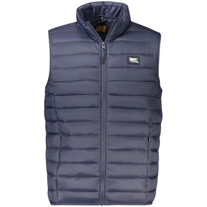 Cavalli Class Blue Polyester Men Jacket with sleeveless design and logo, perfect for layering and transitional weather fashion.