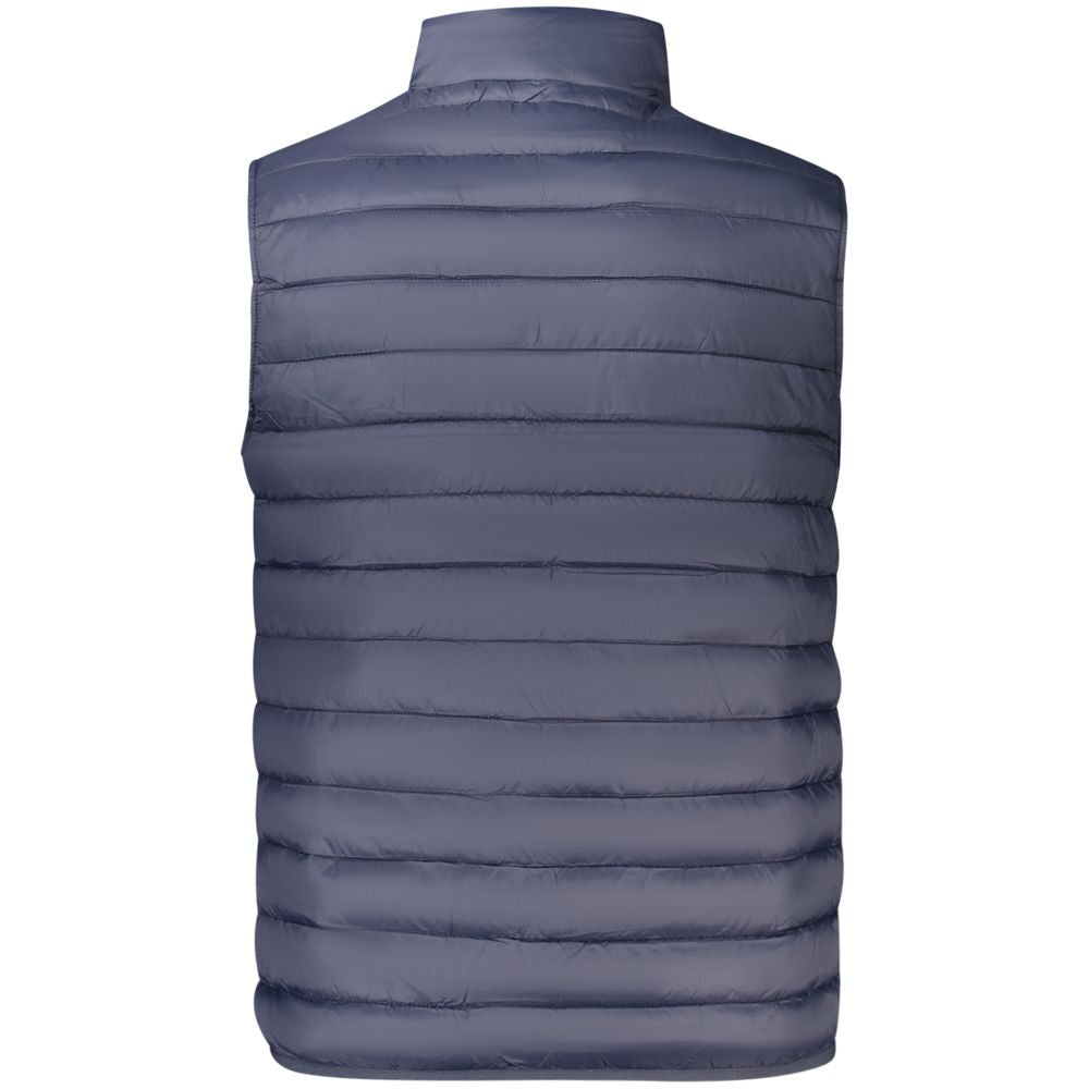 Back view of Cavalli Class Blue Polyester Men Jacket showcasing sleek, sleeveless design and luxury fashion.