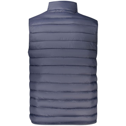 Back view of Cavalli Class Blue Polyester Men Jacket showcasing sleek, sleeveless design and luxury fashion.