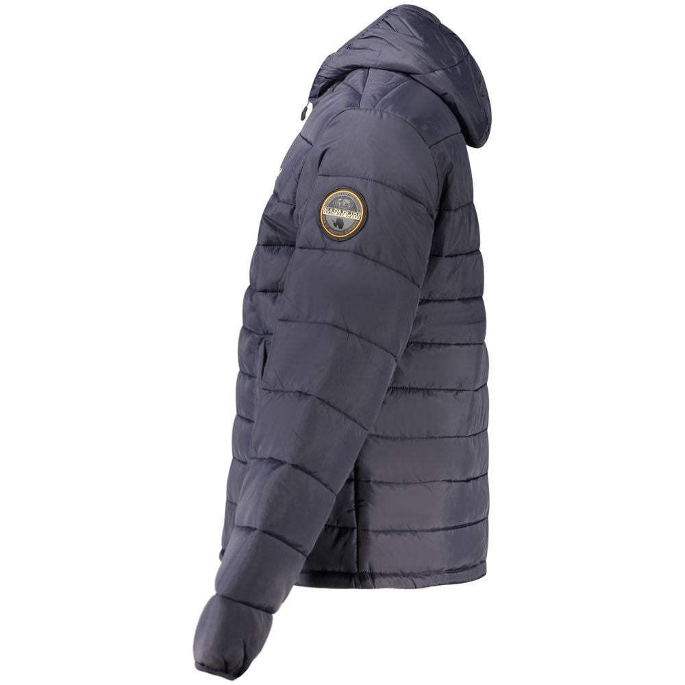 Napapijri Blue Polyamide Men's Jacket, eco-conscious design, side view with hood and brand patch, perfect blend of style and function.