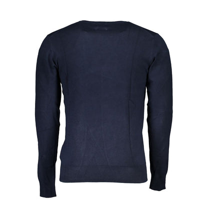 Gianmarco Venturi Blue Viscose Sweater, long-sleeved crew neck with embroidery and logo.