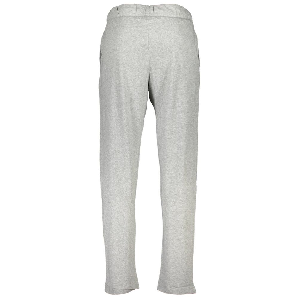 Back view of Gianmarco Venturi Gray Cotton Pant featuring elastic waist with laces, light cotton fabric, and contrasting details.