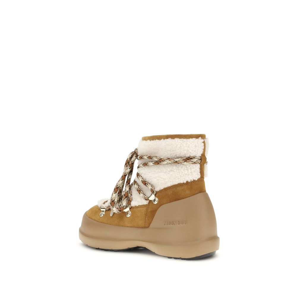 Moon Boot Beige Leather Ankle Boots with shearling, embossed logo, tubular laces, and non-slip rubber sole showing side profile.