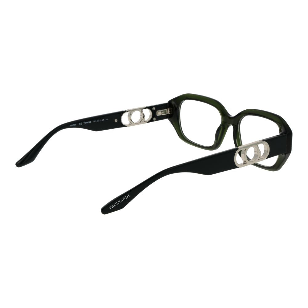Trussardi Green Acetate Glasses (Frames) for women with full-rim rectangle design, green frame and demo lenses. Spring hinge included, no extra features.