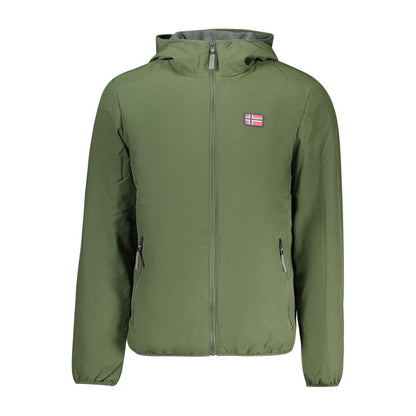 Norway 1963 Green Polyester Men Jacket with hood, applique, and logo, featuring zip closure and external pockets, offering sophisticated style.