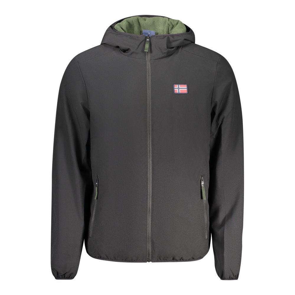 Norway 1963 Black Polyester Men's Jacket with hood and Norway flag logo, featuring sleek zip, dual external pockets, and internal pocket.