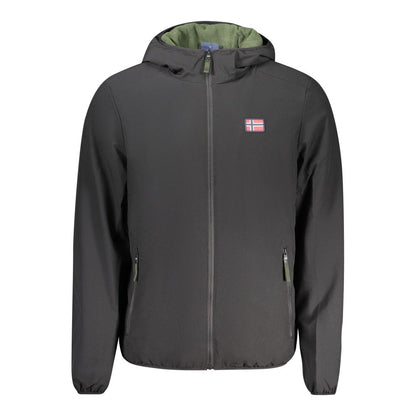 Norway 1963 Black Polyester Men's Jacket with hood and Norway flag logo, featuring sleek zip, dual external pockets, and internal pocket.