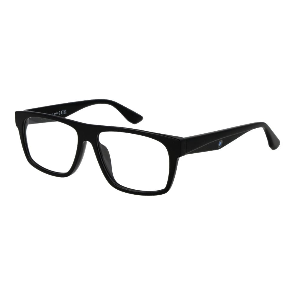 BMW Black Plastic Glasses (Frames) for men, full-rim rectangle style, black plastic material, 55-14-145 size, branded case included.
